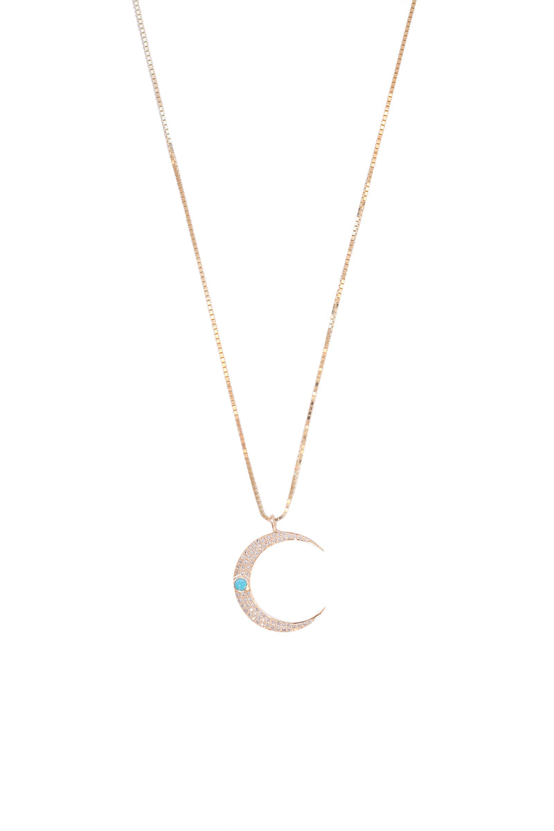 Diamond Crescent Moon Necklace with Turquoise Gemstone
