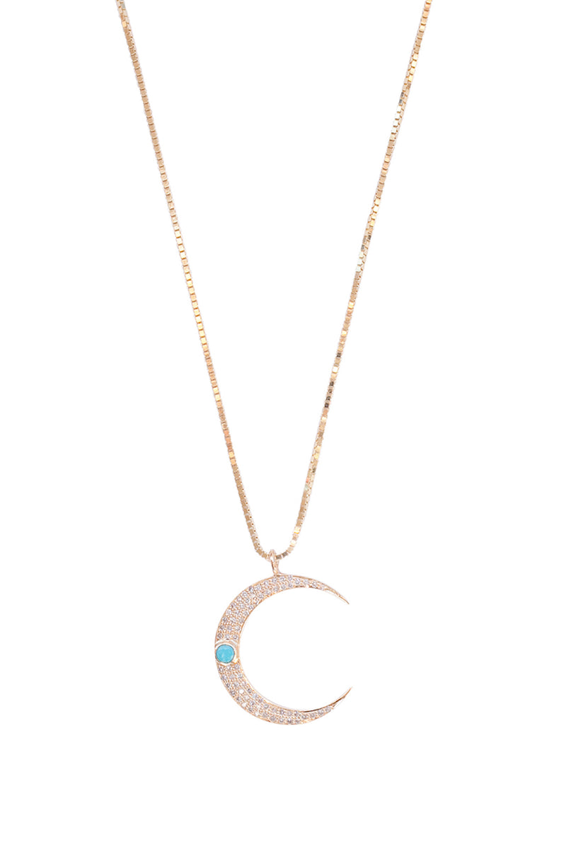 Diamond Crescent Moon Necklace with Turquoise Gemstone