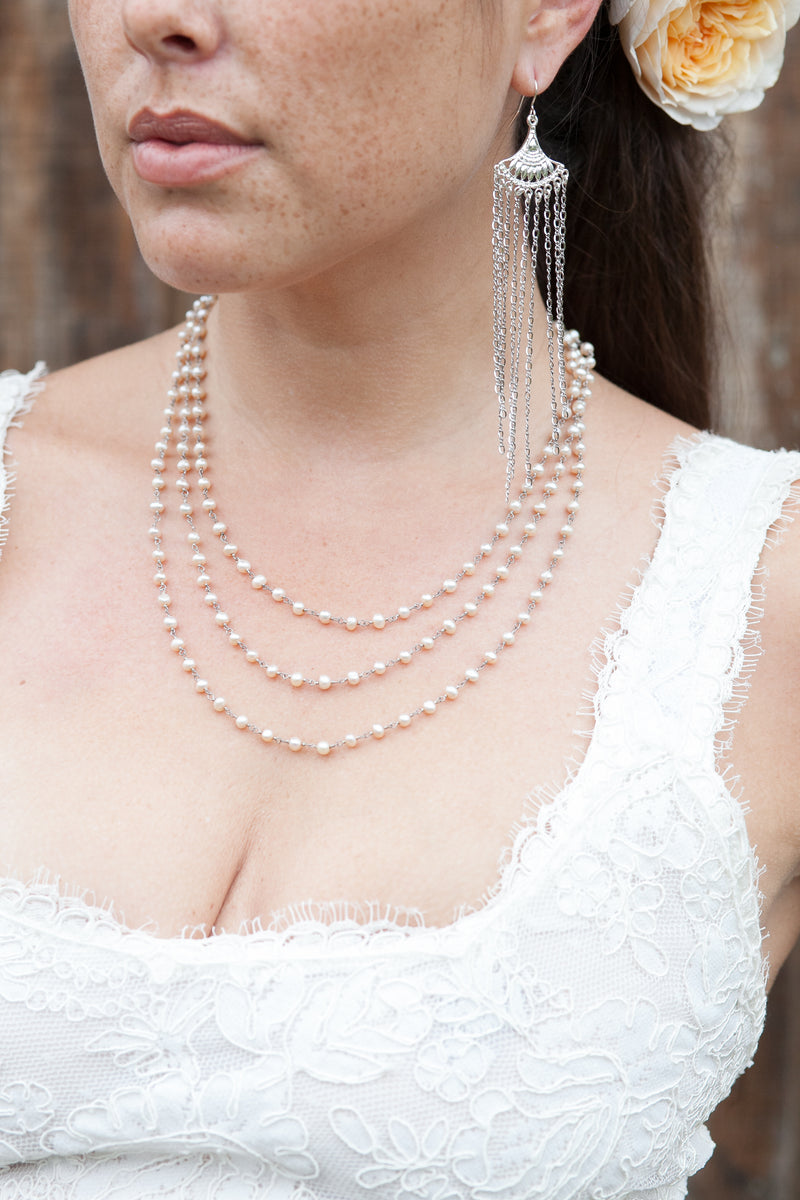 Bridal Three Strand Peach Freshwater Pearl Link Necklace
